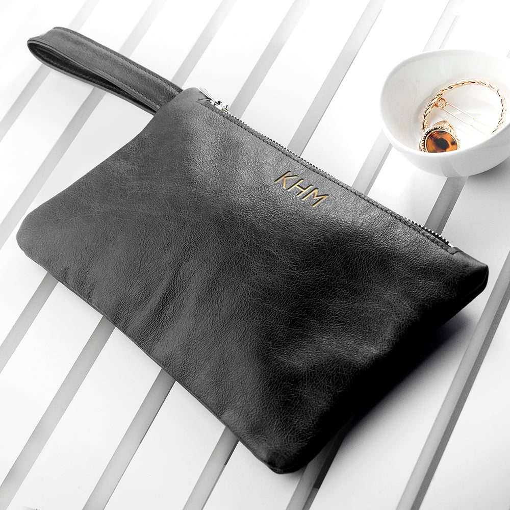Monogrammed Black Leather Clutch Bag