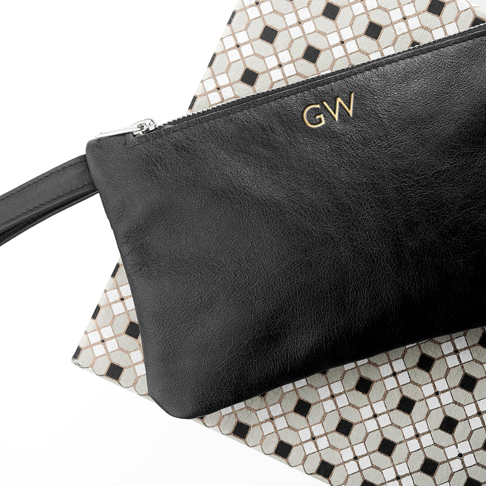Monogrammed Black Leather Clutch Bag