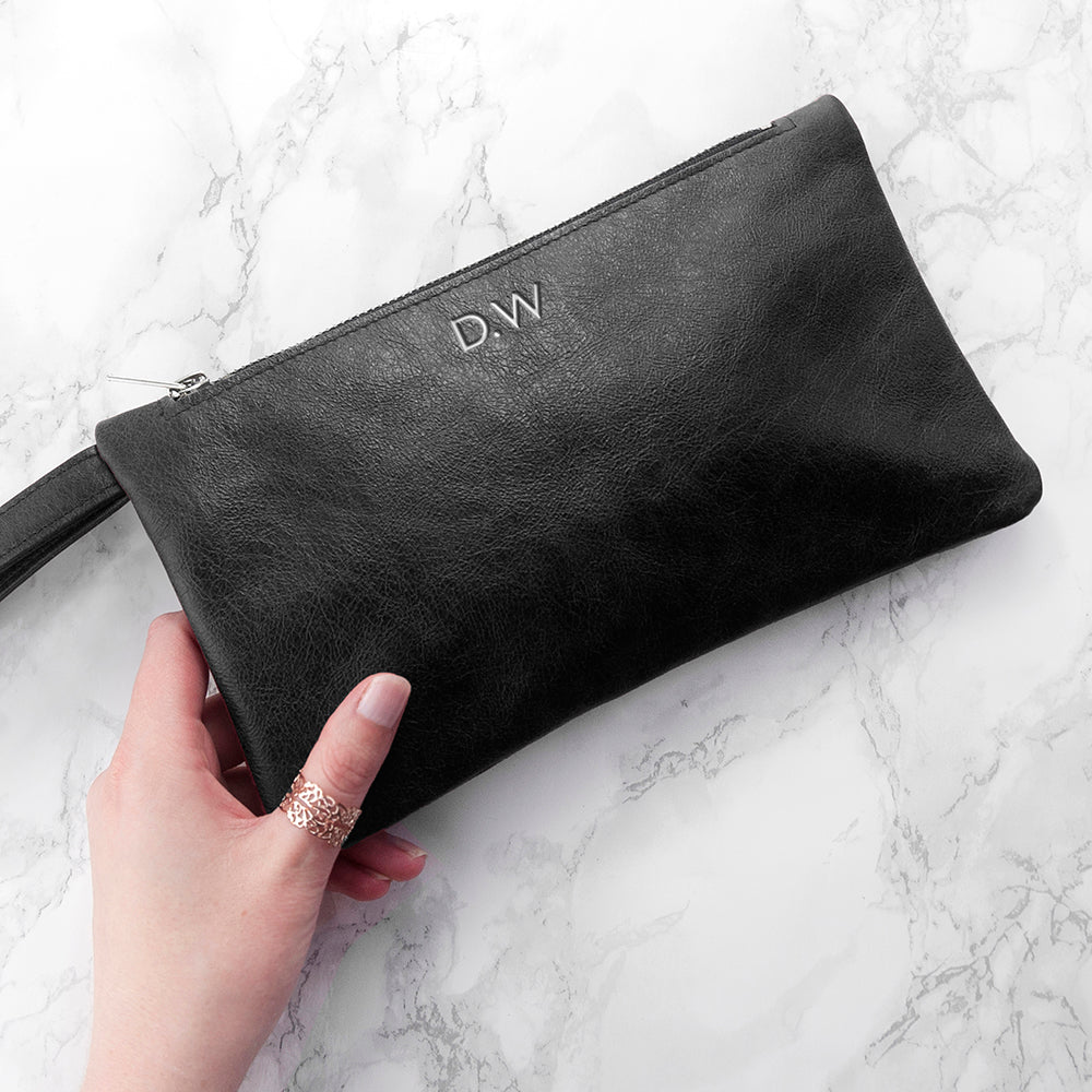 Monogrammed Black Leather Clutch Bag