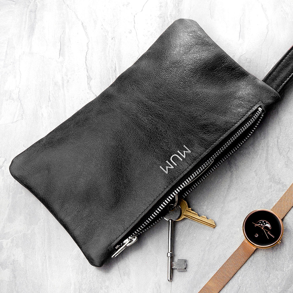 Monogrammed Black Leather Clutch Bag