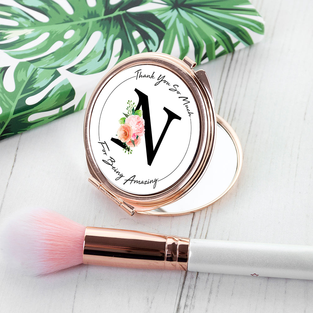 Personalised Floral Initial Rose Gold Compact Mirror