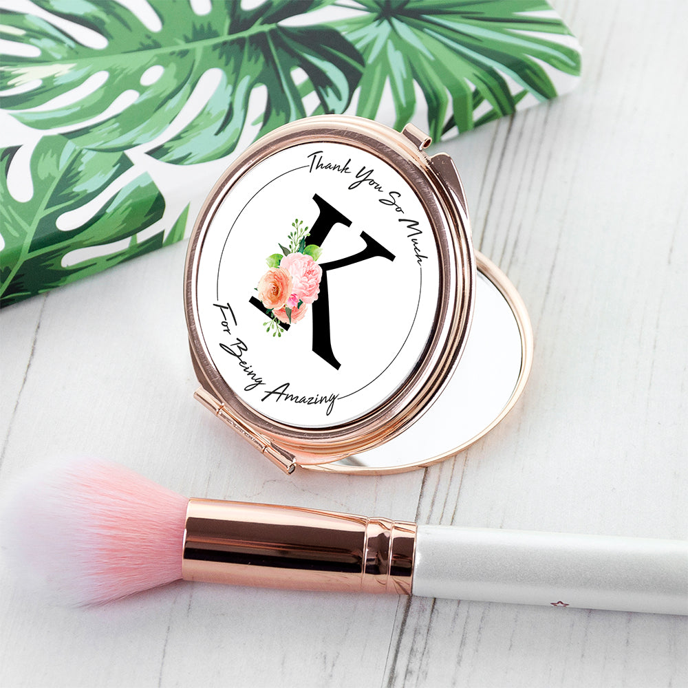 Personalised Floral Initial Rose Gold Compact Mirror