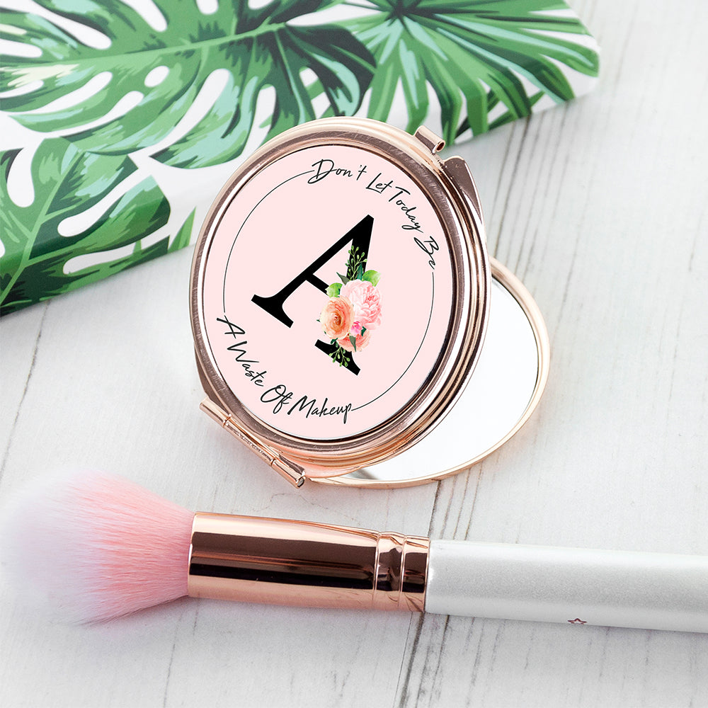 Personalised Floral Initial Rose Gold Compact Mirror