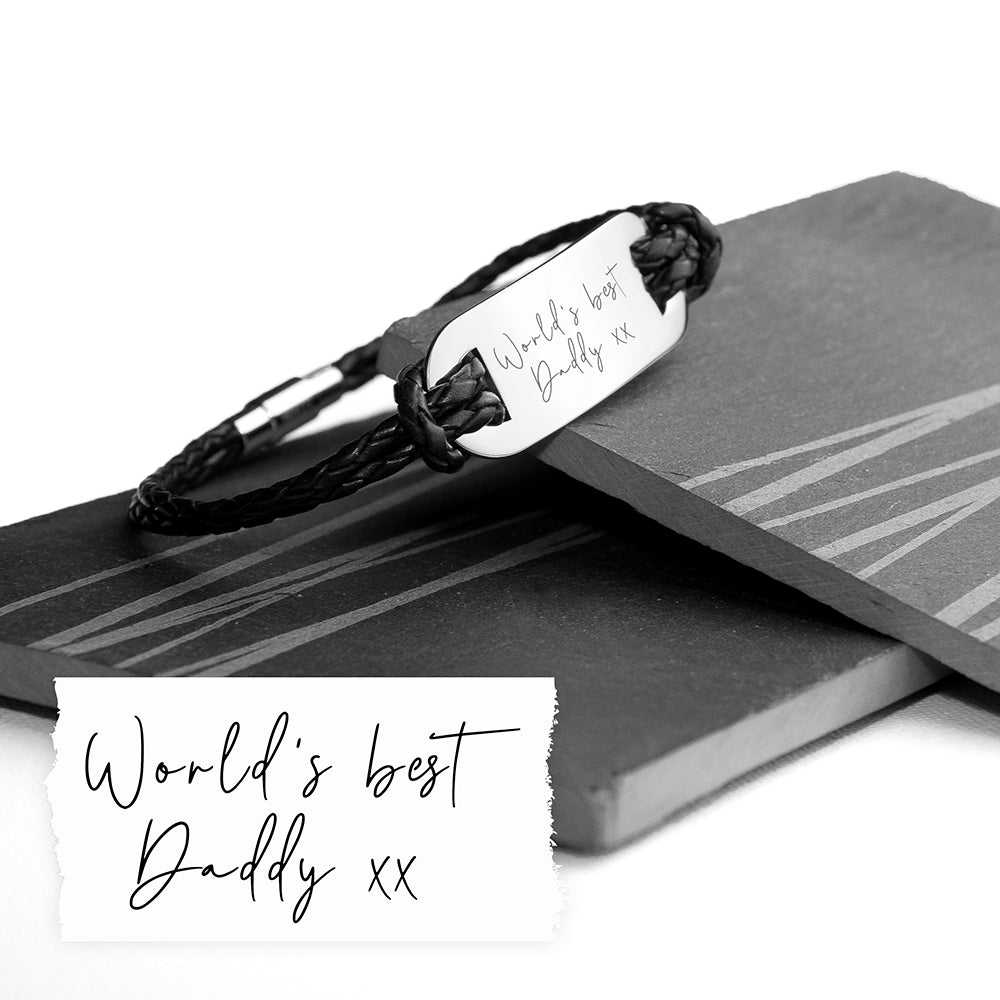 Personalised Handwriting Mens Black Leather Bracelet