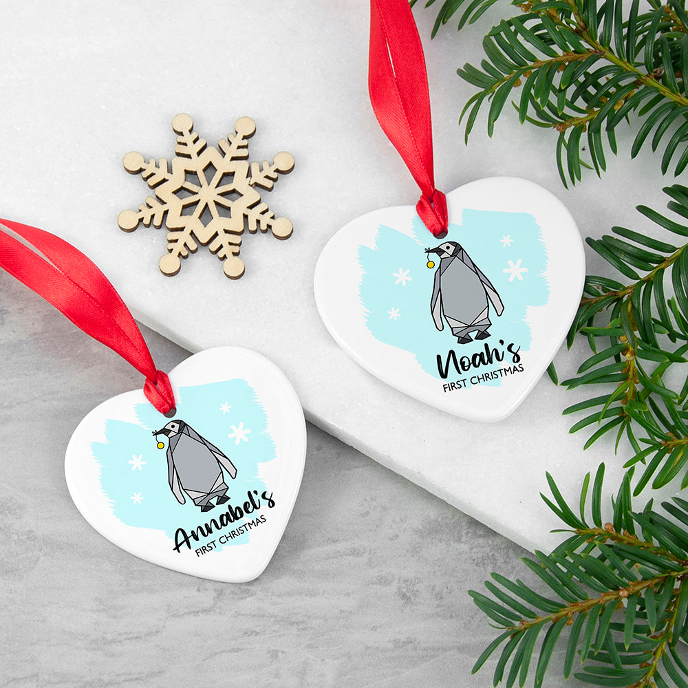 Personalised Baby Penguin Heart Decoration