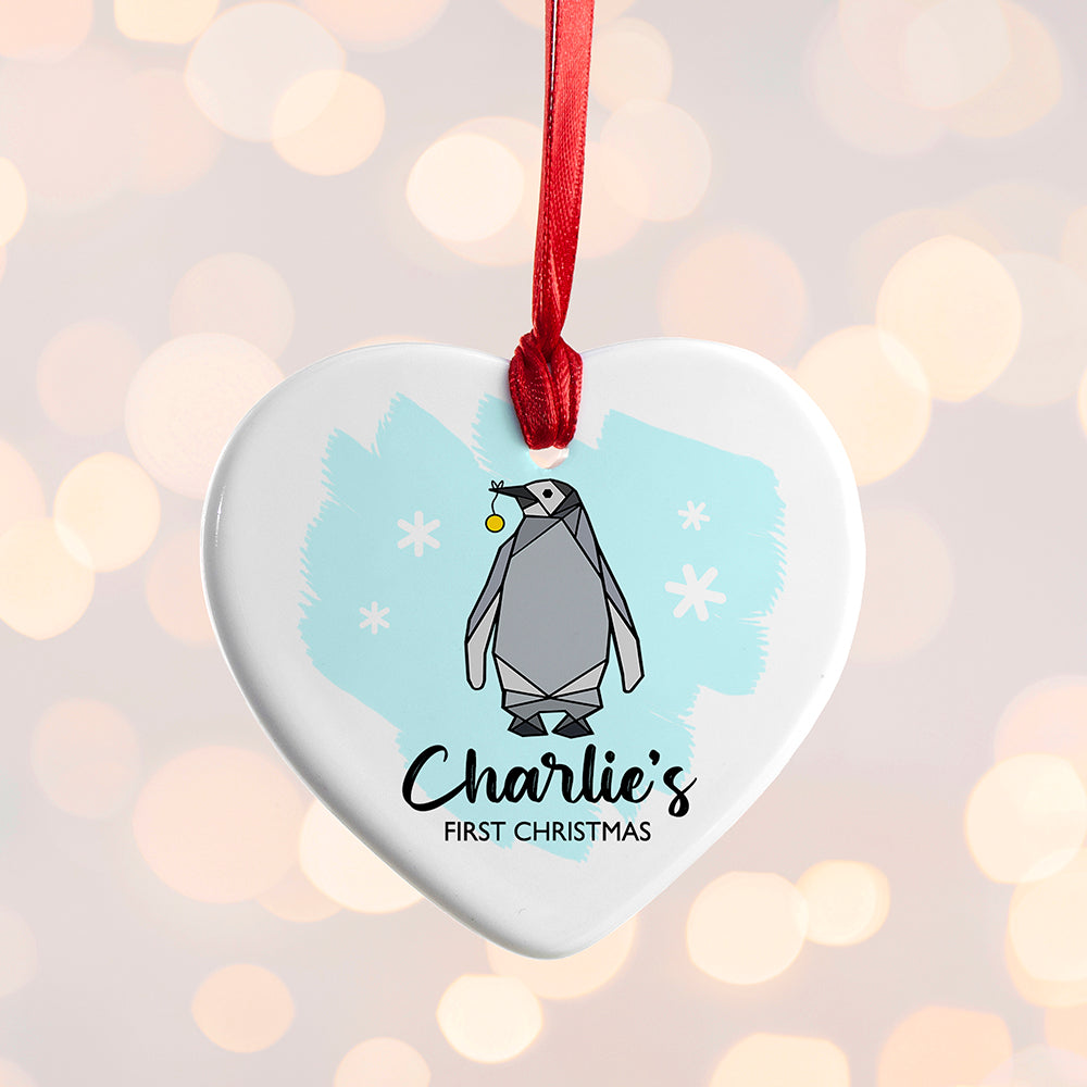 Personalised Baby Penguin Heart Decoration