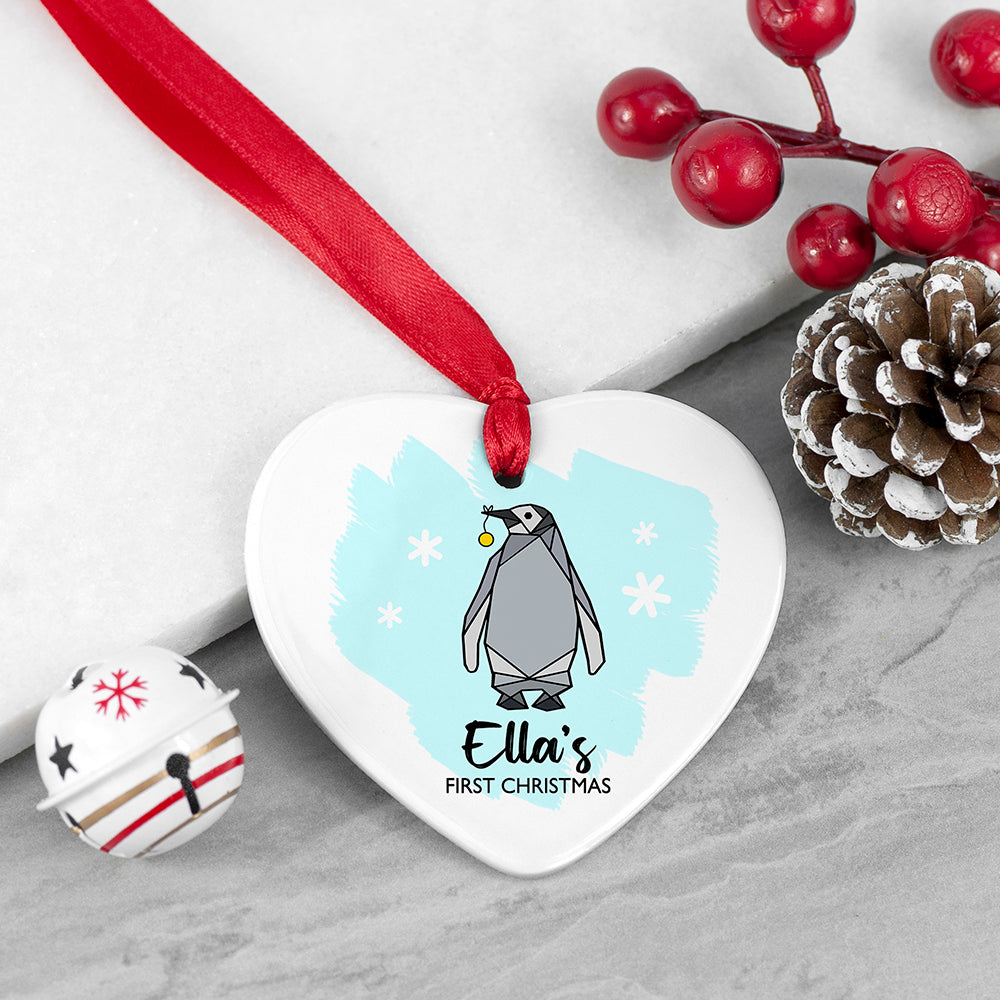 Personalised Baby Penguin Heart Decoration
