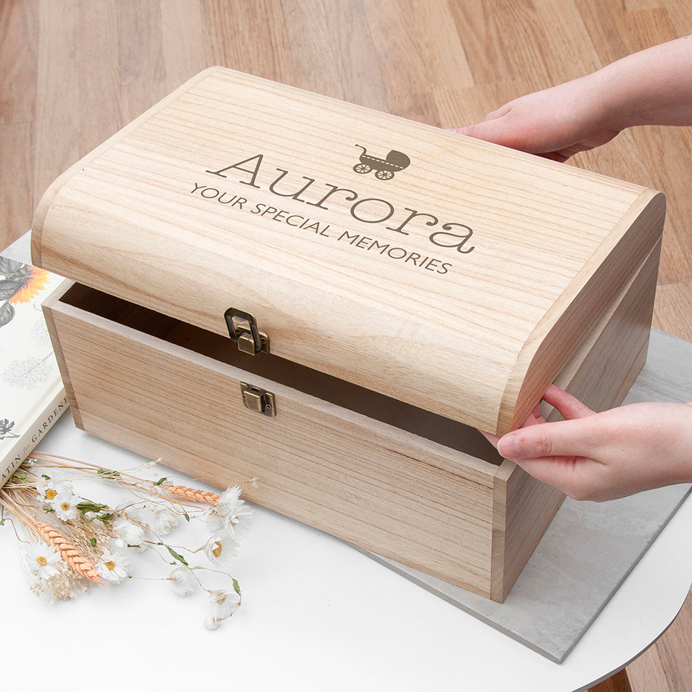 Personalised New Baby Keepsake Wooden Chest -  Pram