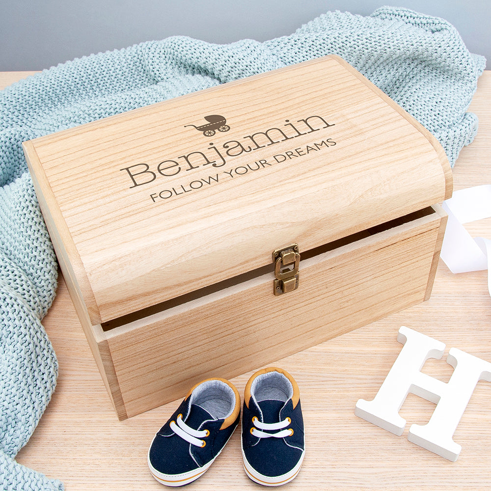 Personalised New Baby Keepsake Wooden Chest -  Pram
