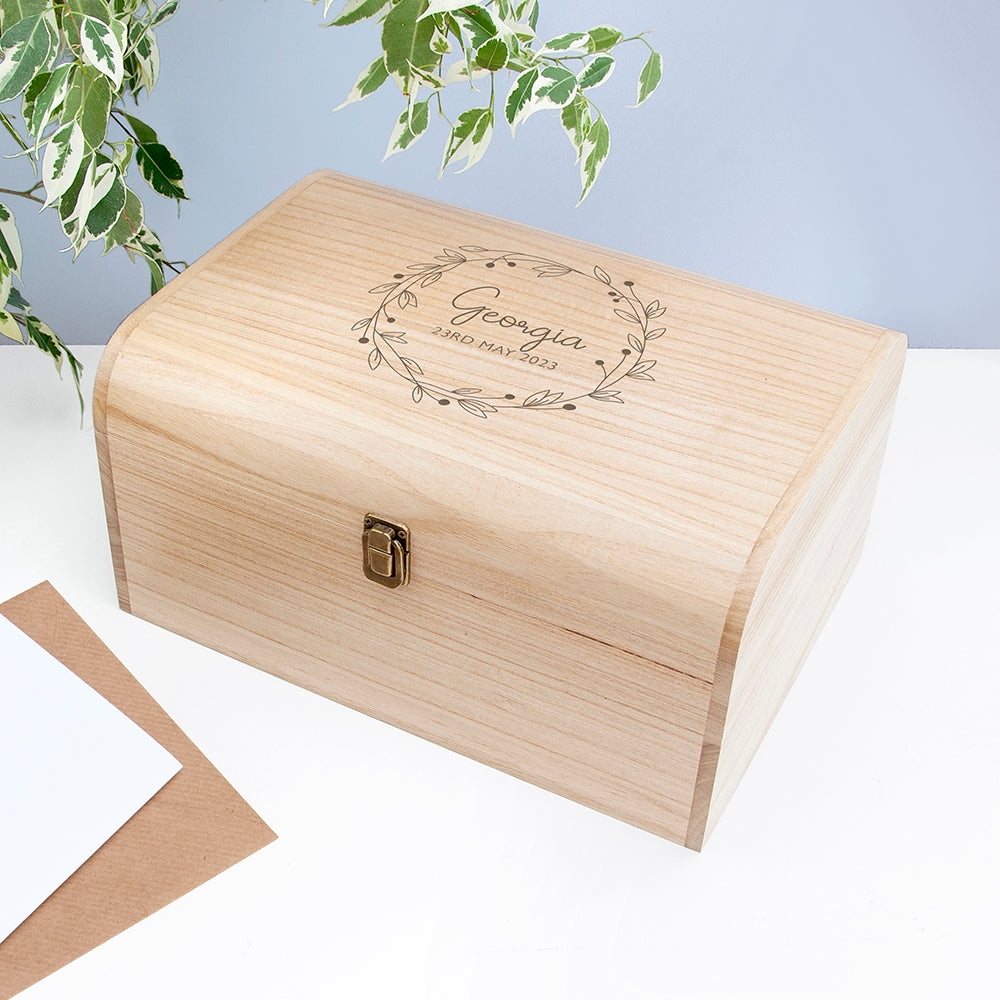 Personalised Botanical Wreath Keepsake Wooden Chest