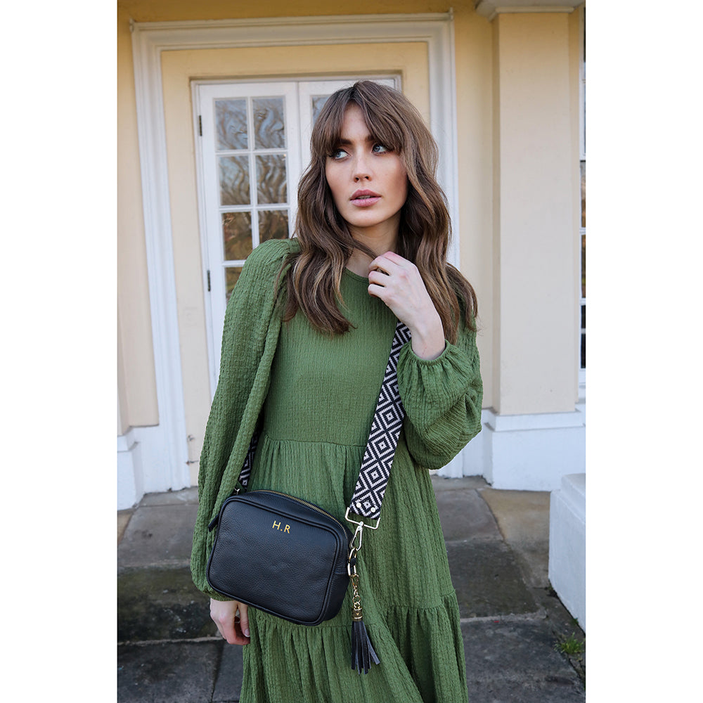 Personalised Elie Beaumont Black Bag with Blue Diamond Strap