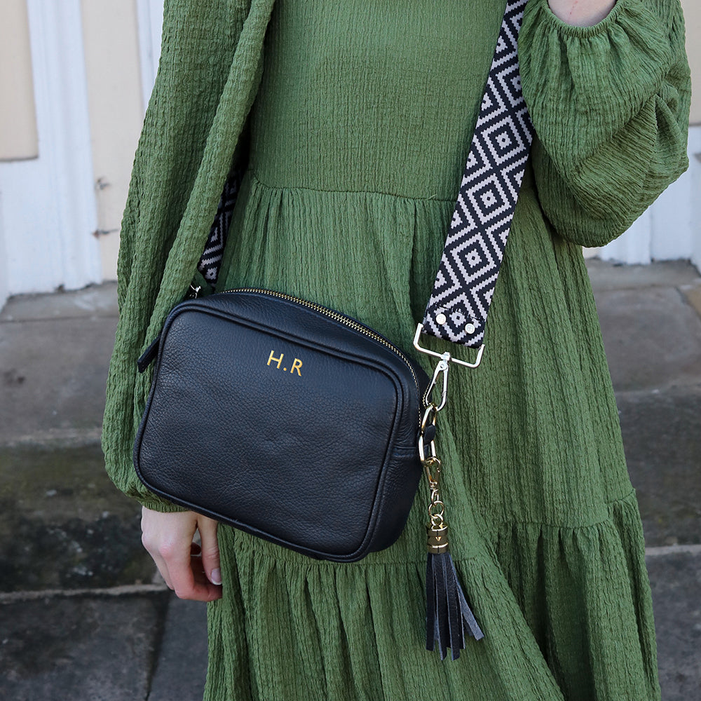 Personalised Elie Beaumont Black Bag with Blue Diamond Strap