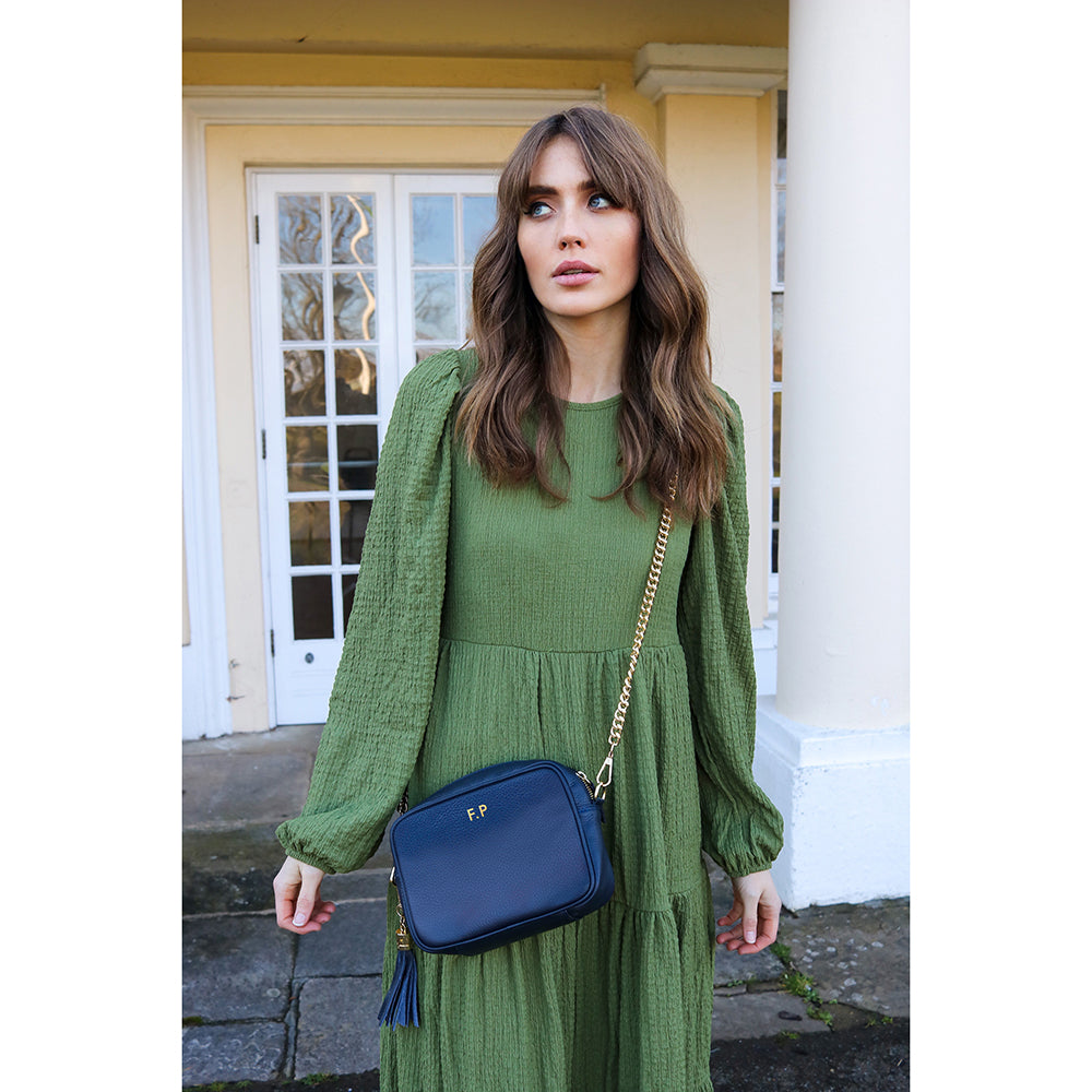 Personalised Elie Beaumont Navy Bag with Gold Chain Strap