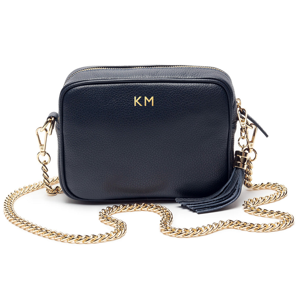 Personalised Elie Beaumont Navy Bag with Gold Chain Strap