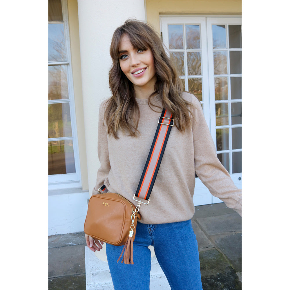 Personalised Elie Beaumont Tan Bag with Black Orange Strap