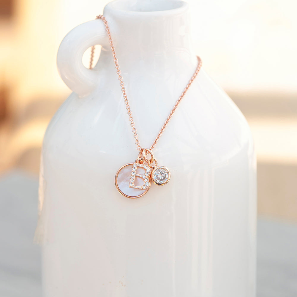 Rose Gold Initial Necklace with Mother of Pearl and Crystal