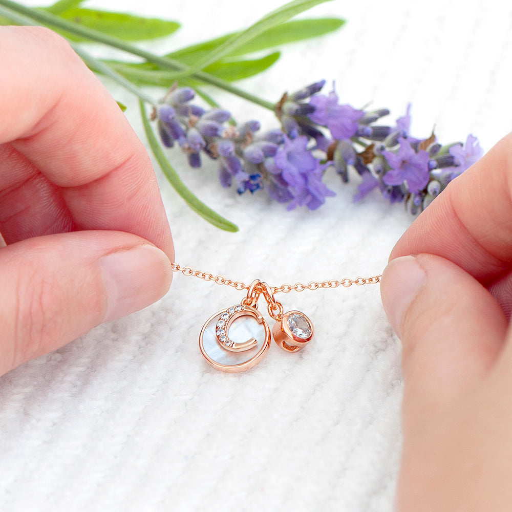 Rose Gold Initial Necklace with Mother of Pearl and Crystal