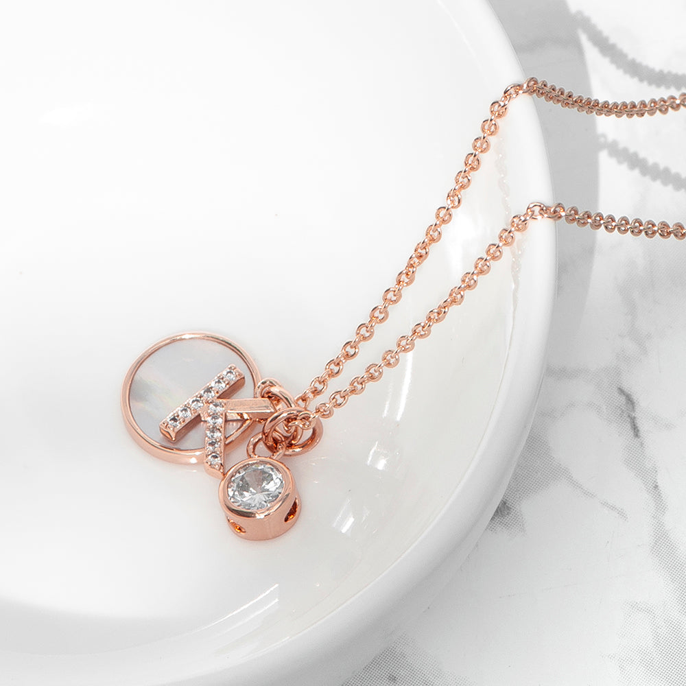 Rose Gold Initial Necklace with Mother of Pearl and Crystal