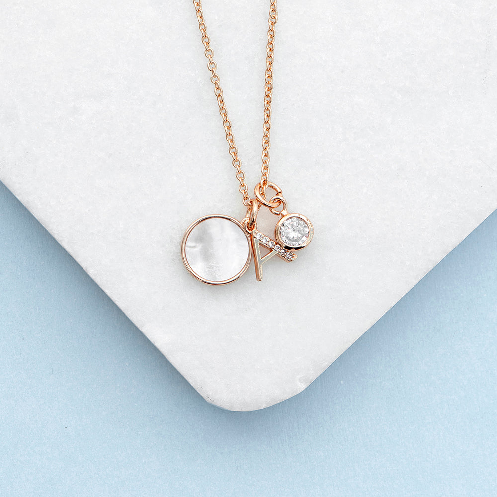 Rose Gold Initial Necklace with Mother of Pearl and Crystal