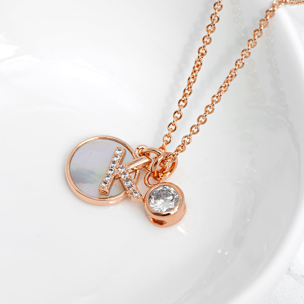 Rose Gold Initial Necklace with Mother of Pearl and Crystal