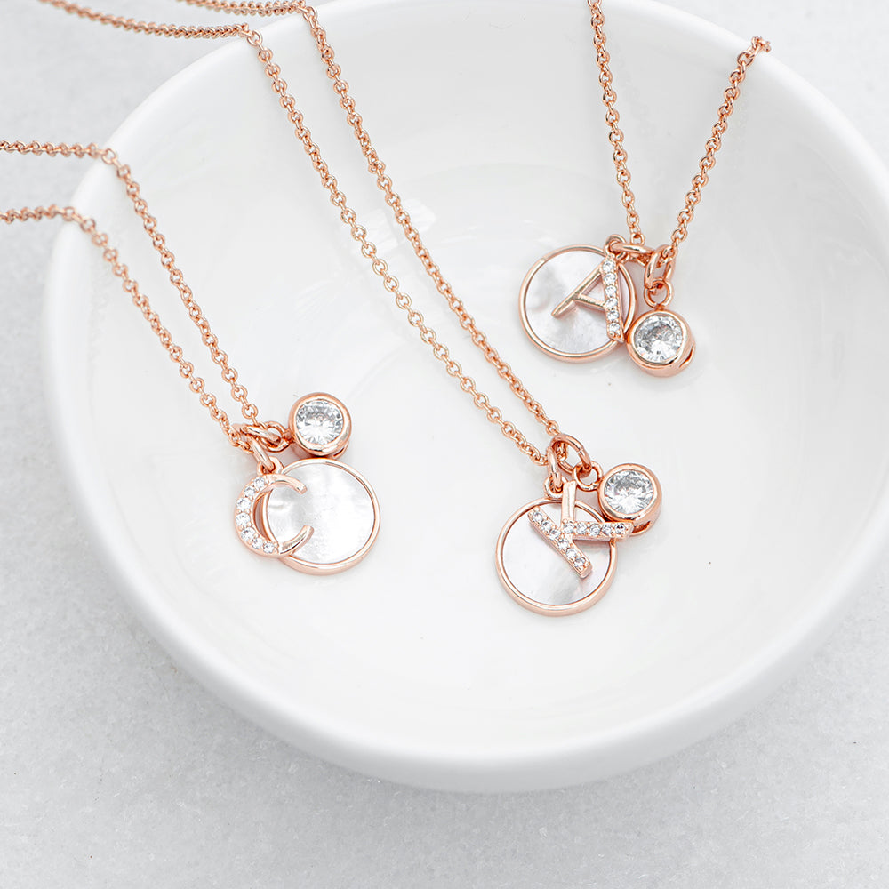 Rose Gold Initial Necklace with Mother of Pearl and Crystal