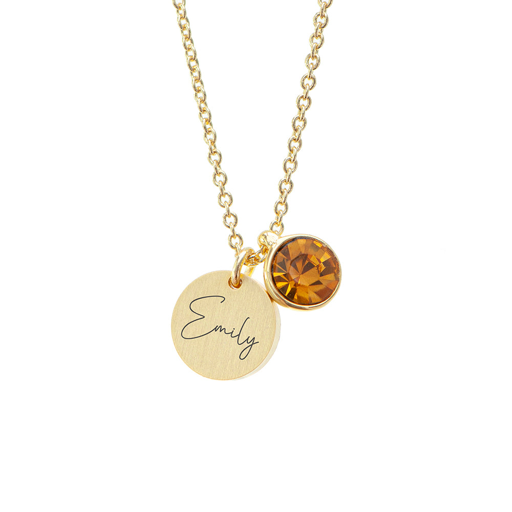 Personalised Gold Birthstone Crystal and Disc Necklace