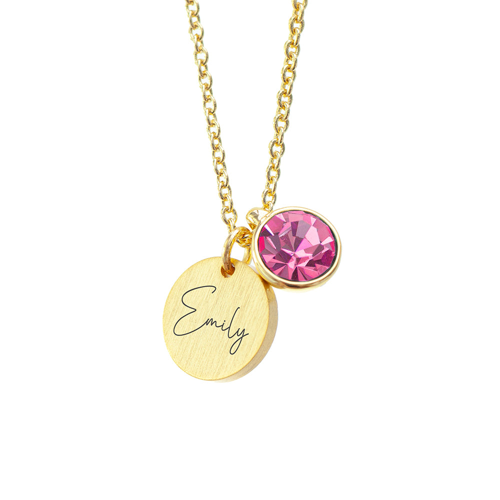 Personalised Gold Birthstone Crystal and Disc Necklace