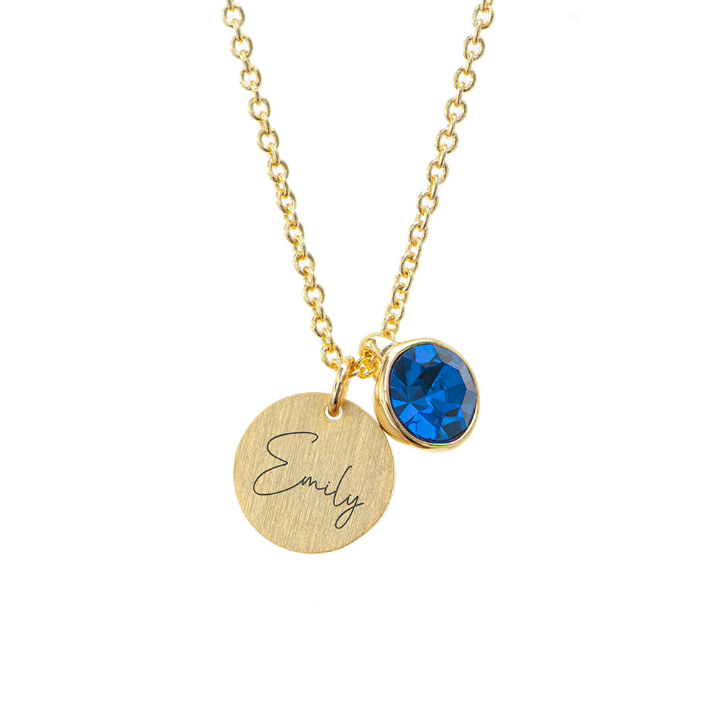 Personalised Gold Birthstone Crystal and Disc Necklace