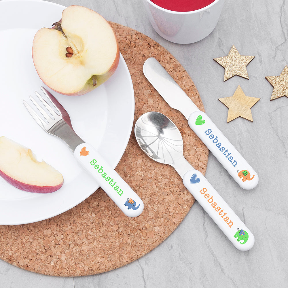 Personalised Kids Elephant Cutlery Set - Metal