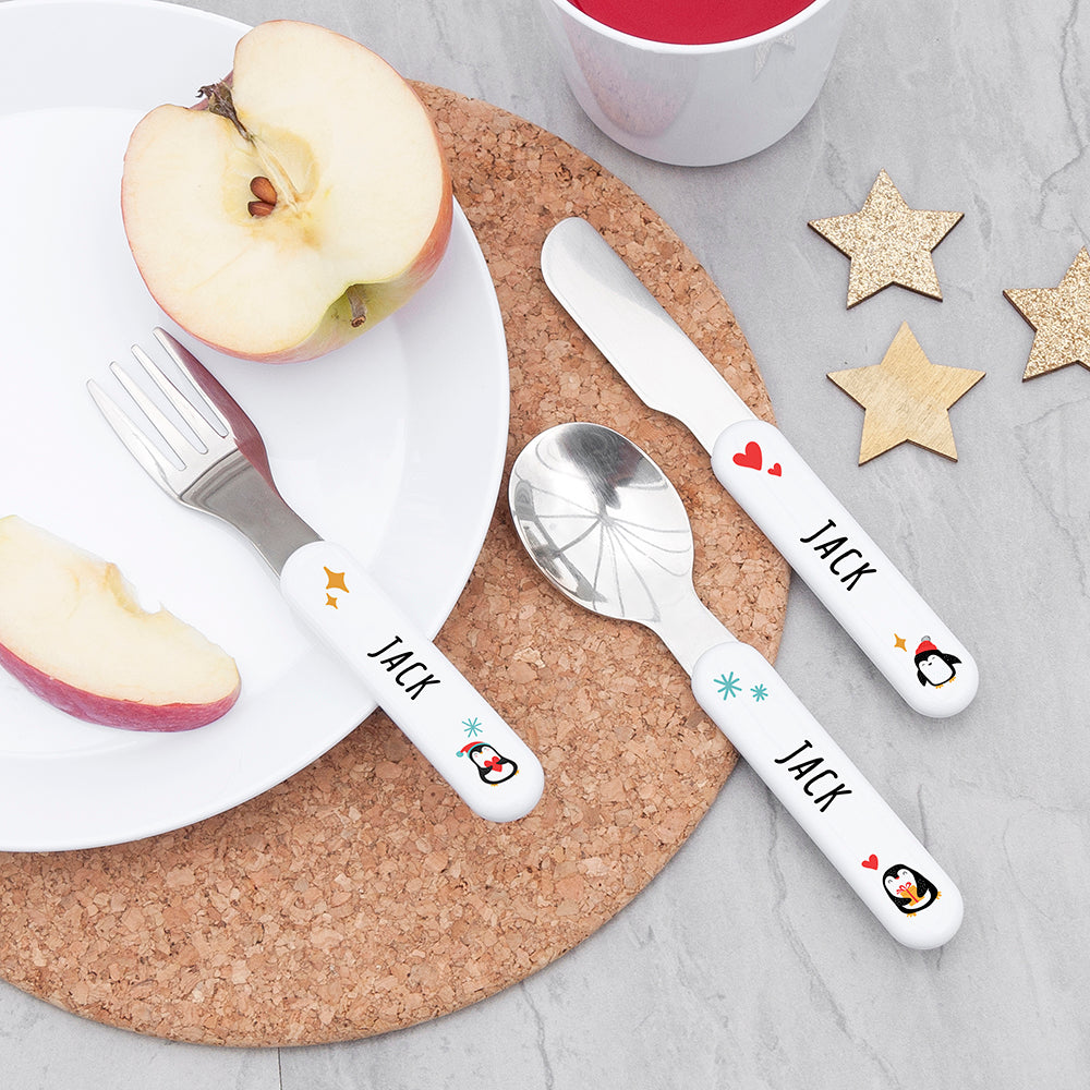 Personalised Kids Winter Penguin Cutlery Set - Metal