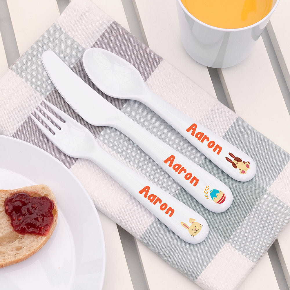 Personalised Kids Spring Bunny Cutlery Set - Plastic