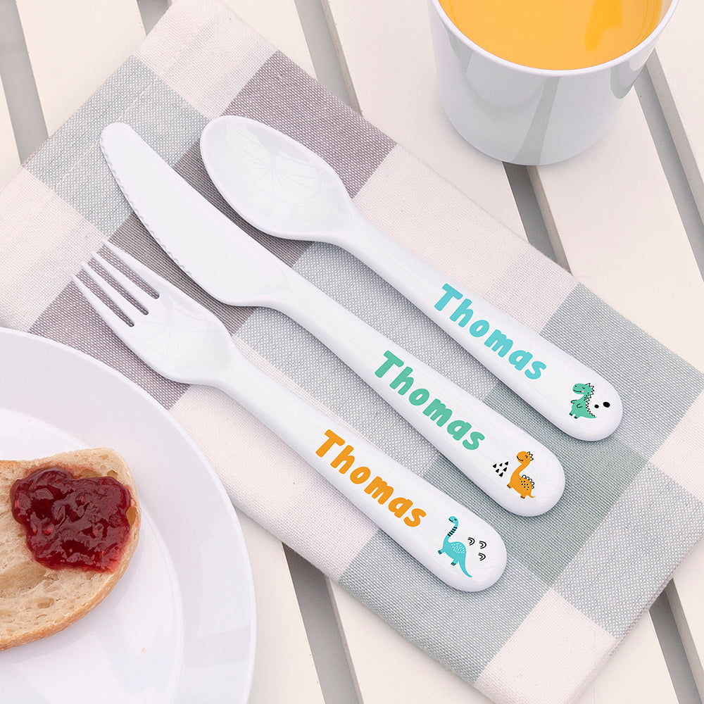 Personalised Kids Cute Dinosaur Cutlery Set - Plastic