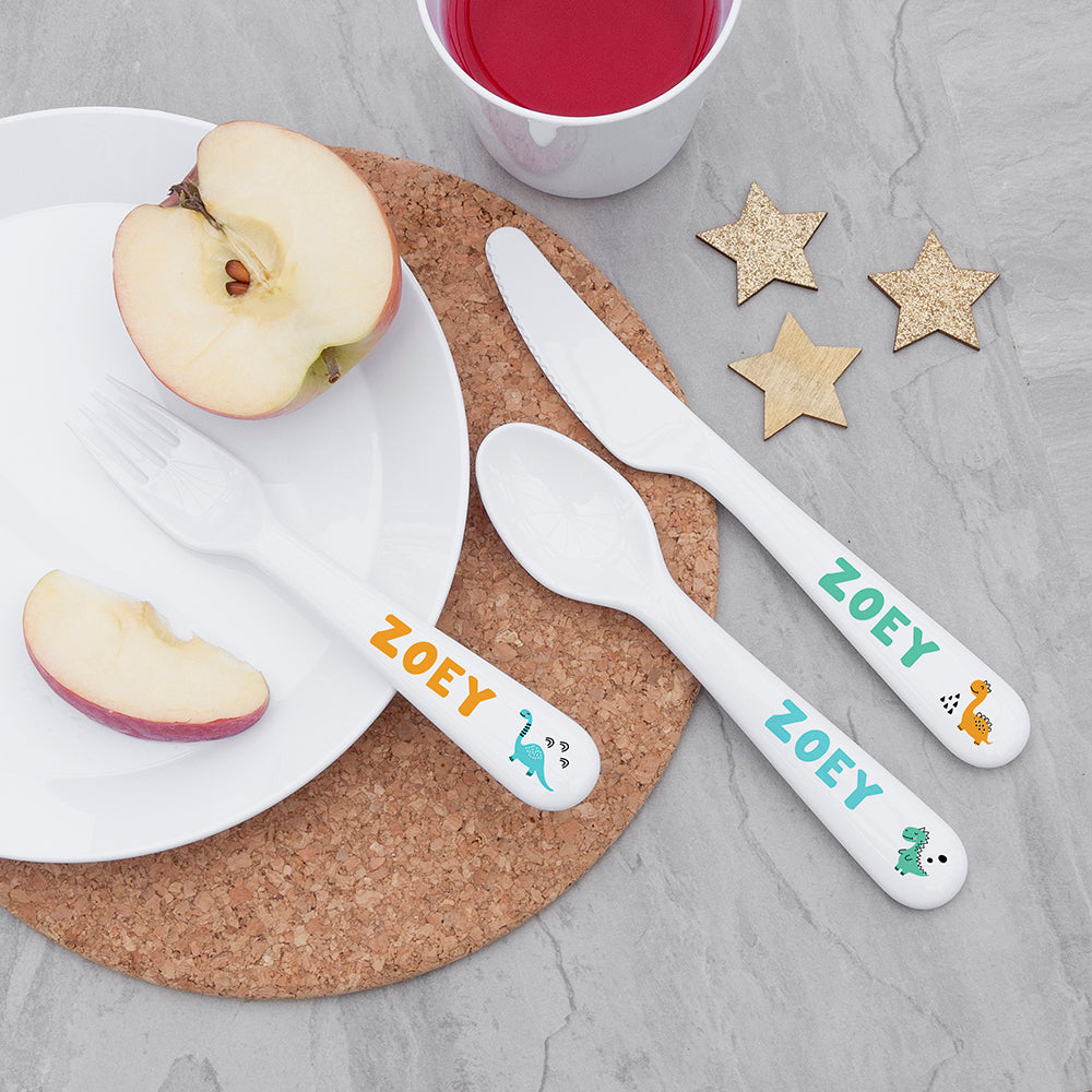 Personalised Kids Cute Dinosaur Cutlery Set - Plastic