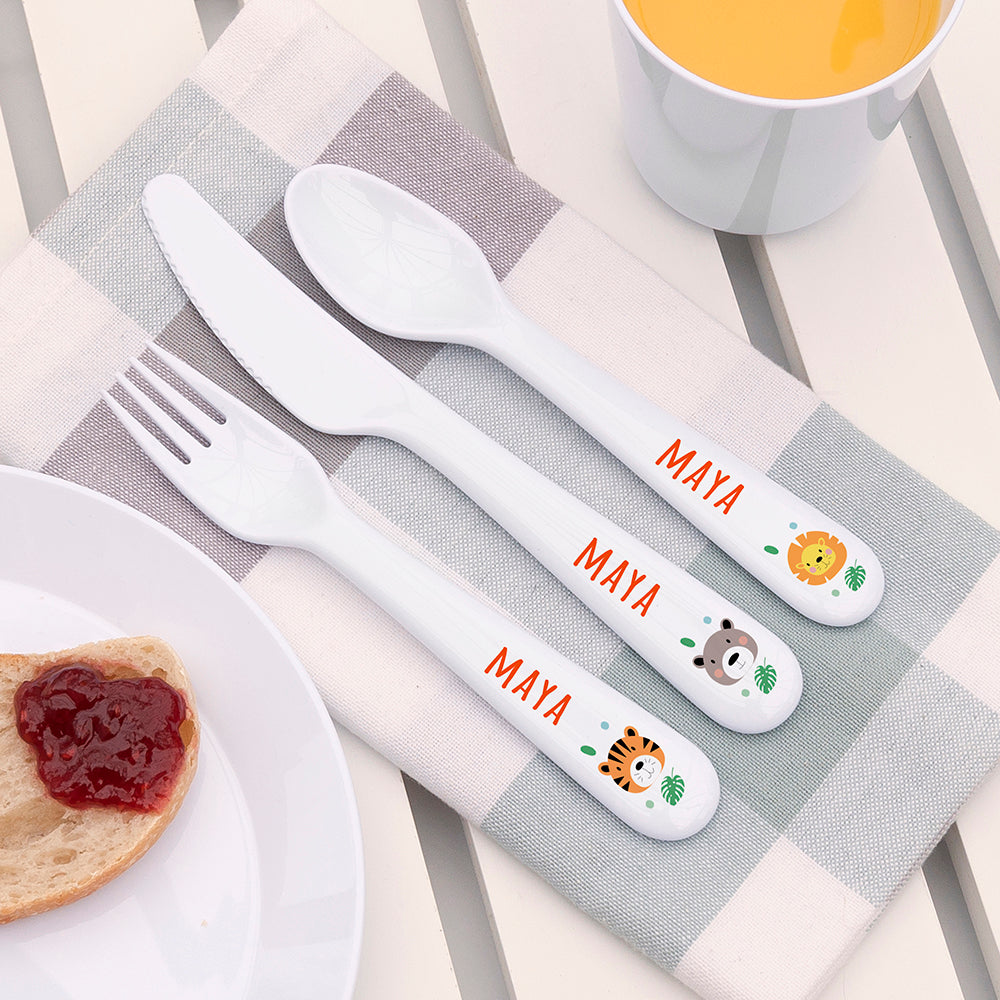 Personalised Kids Jungle Animal Cutlery Set - Plastic