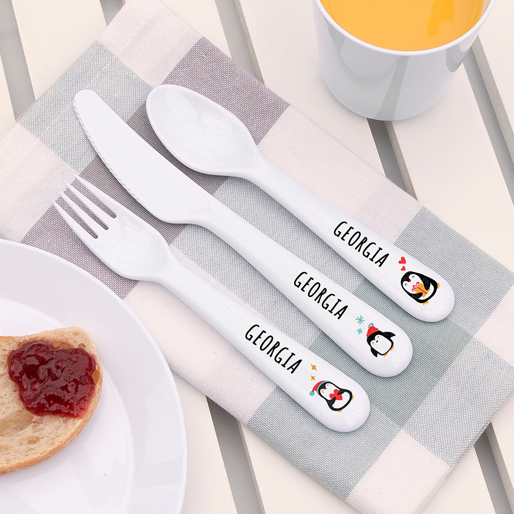 Personalised Kids Winter Penguin Cutlery Set - Plastic