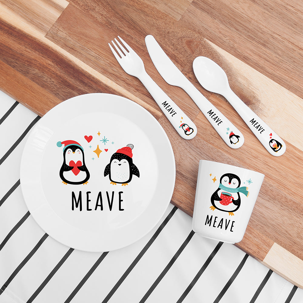 Personalised Kids Winter Penguin Plastic Dining Set
