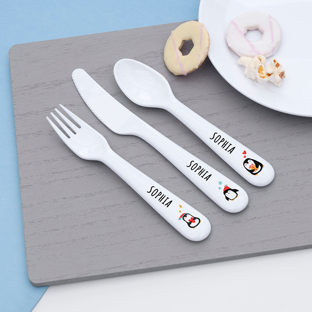 Personalised Kids Winter Penguin Plastic Dining Set