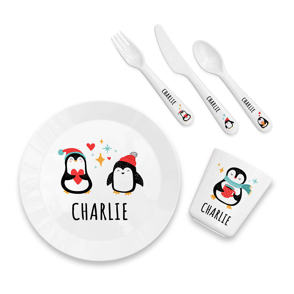 Personalised Kids Winter Penguin Plastic Dining Set