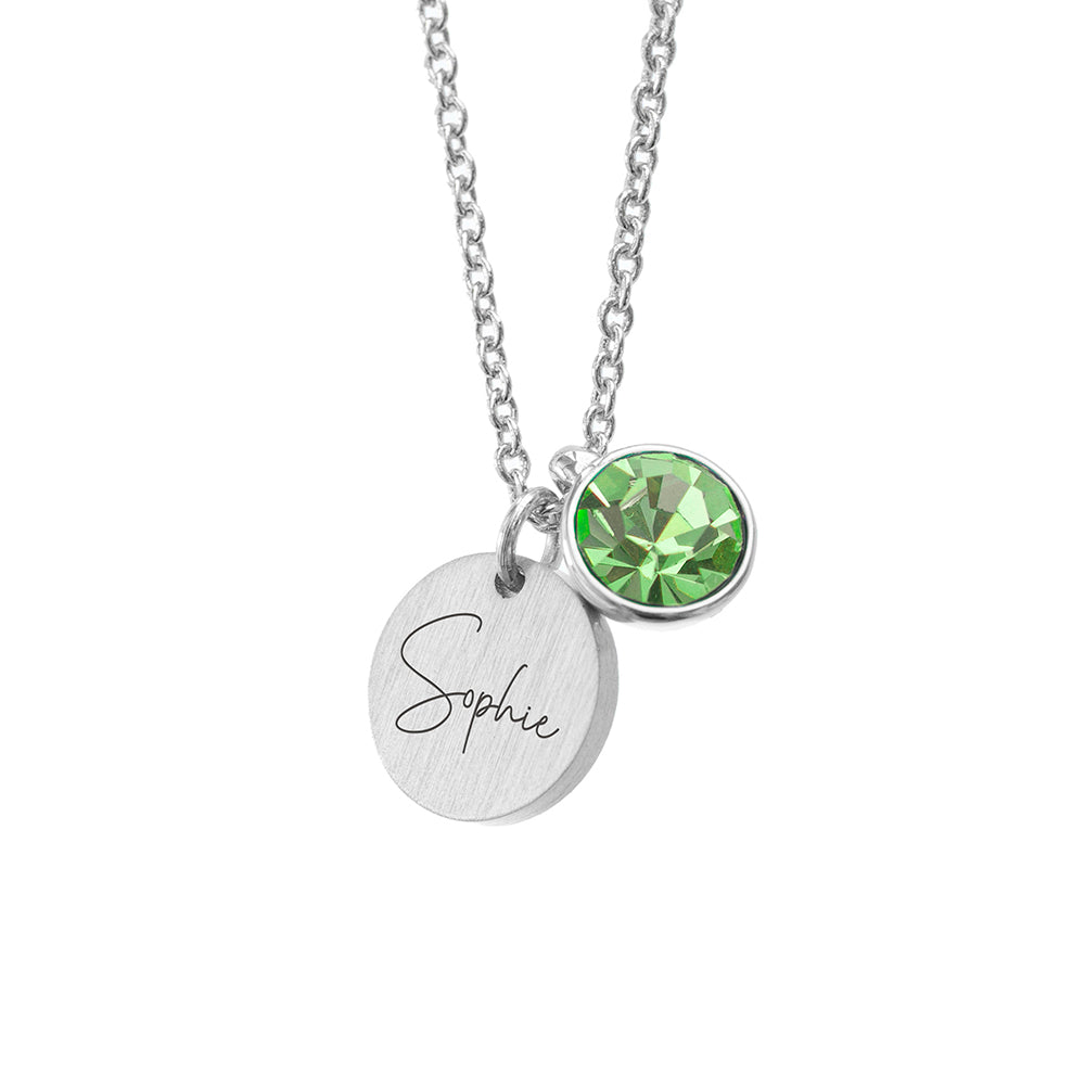 Personalised Silver Birthstone Crystal and Disc Necklace