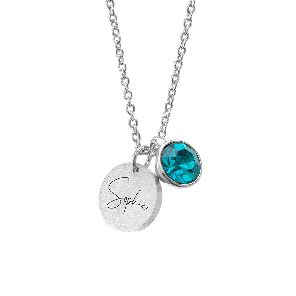 Personalised Silver Birthstone Crystal and Disc Necklace