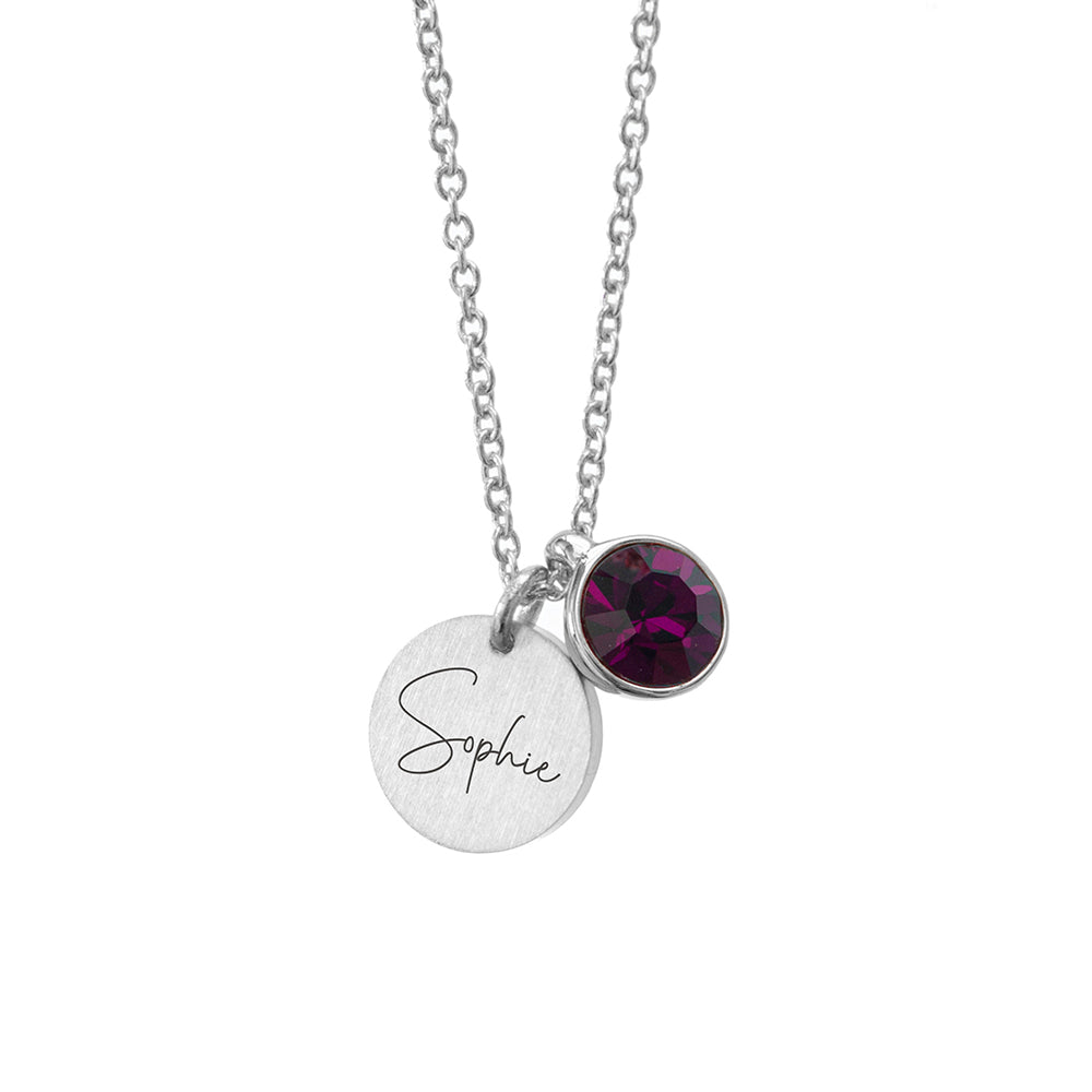 Personalised Silver Birthstone Crystal and Disc Necklace