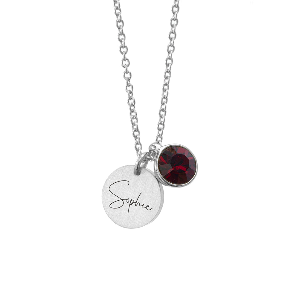 Personalised Silver Birthstone Crystal and Disc Necklace