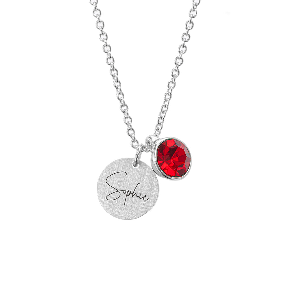 Personalised Silver Birthstone Crystal and Disc Necklace