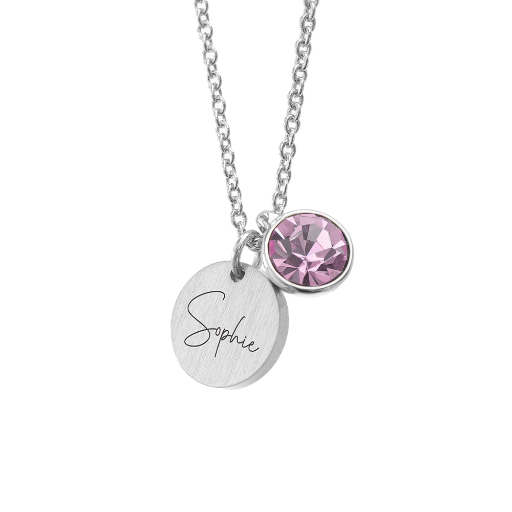 Personalised Silver Birthstone Crystal and Disc Necklace