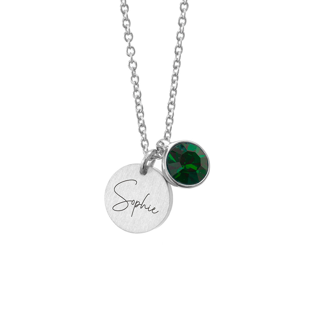Personalised Silver Birthstone Crystal and Disc Necklace