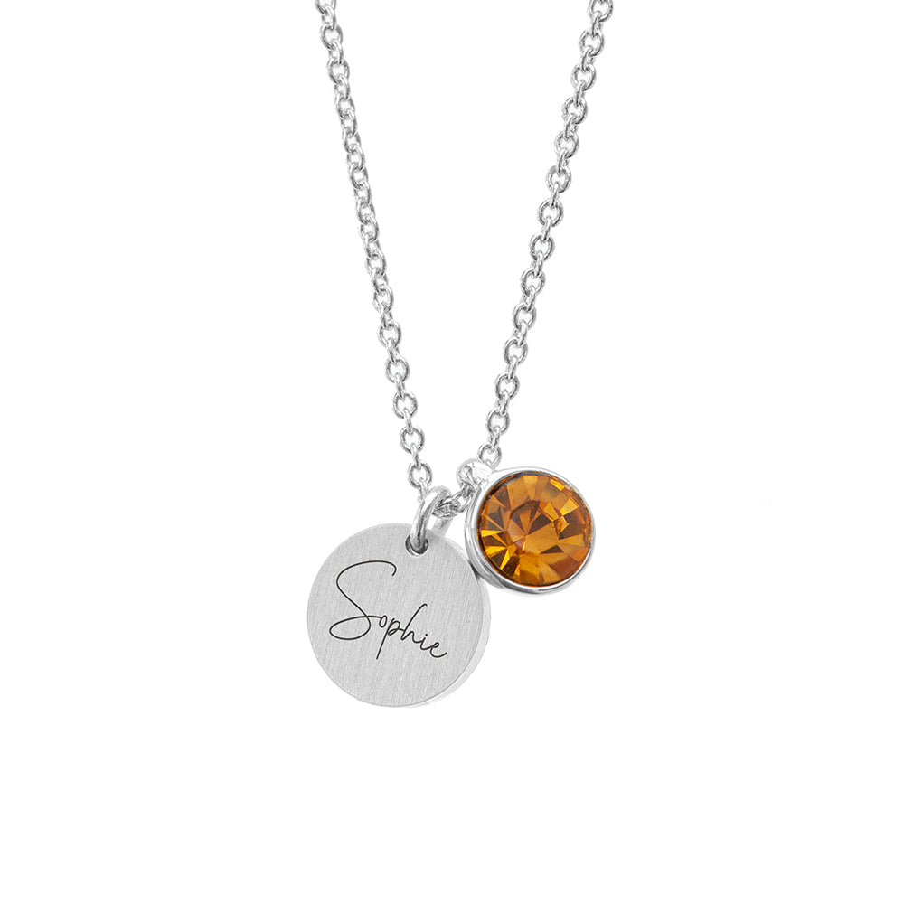 Personalised Silver Birthstone Crystal and Disc Necklace