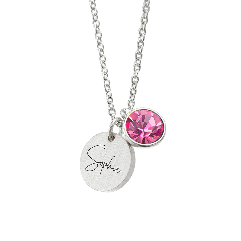 Personalised Silver Birthstone Crystal and Disc Necklace