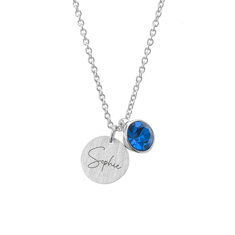 Personalised Silver Birthstone Crystal and Disc Necklace