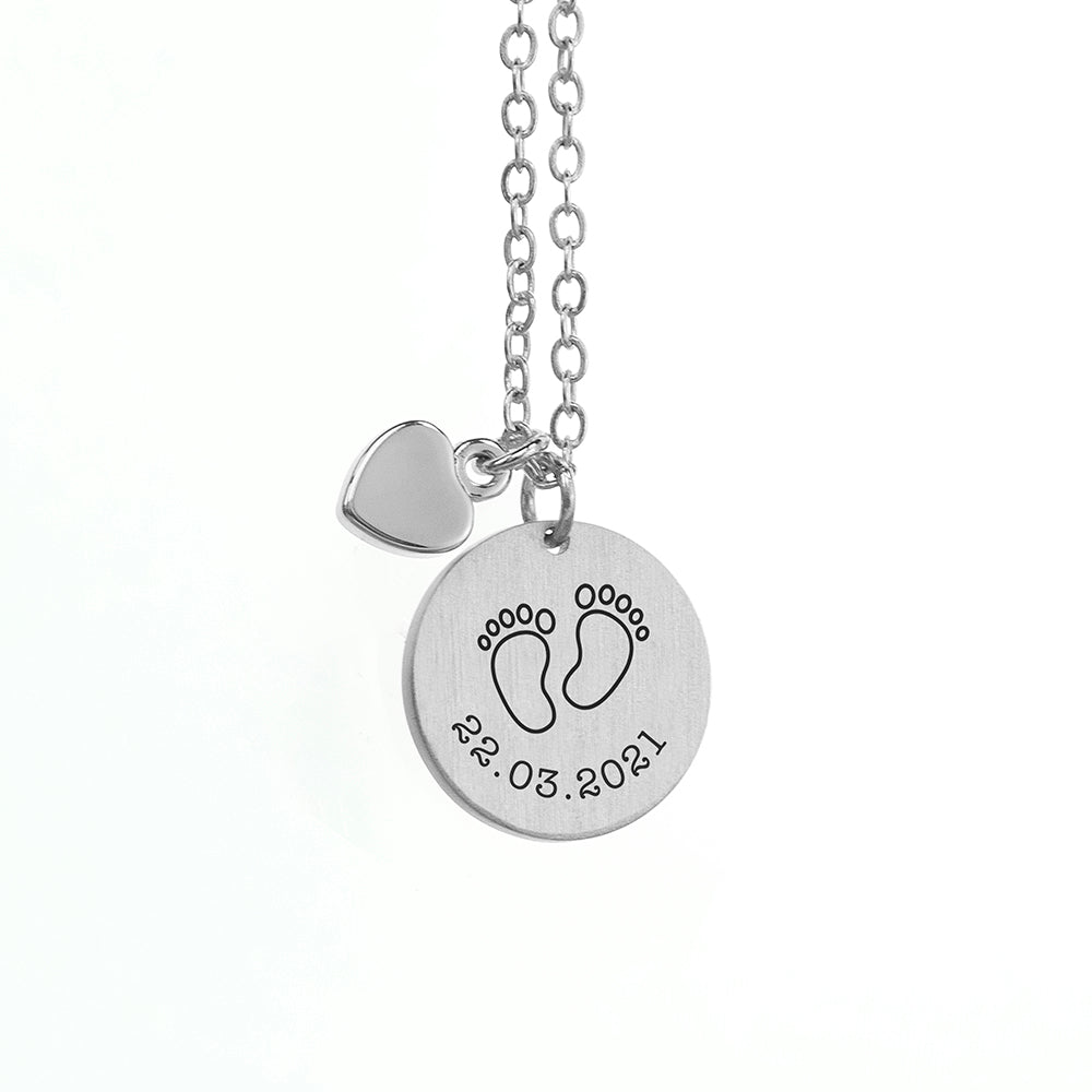 Personalised Baby Feet Matte Heart & Disc Necklace