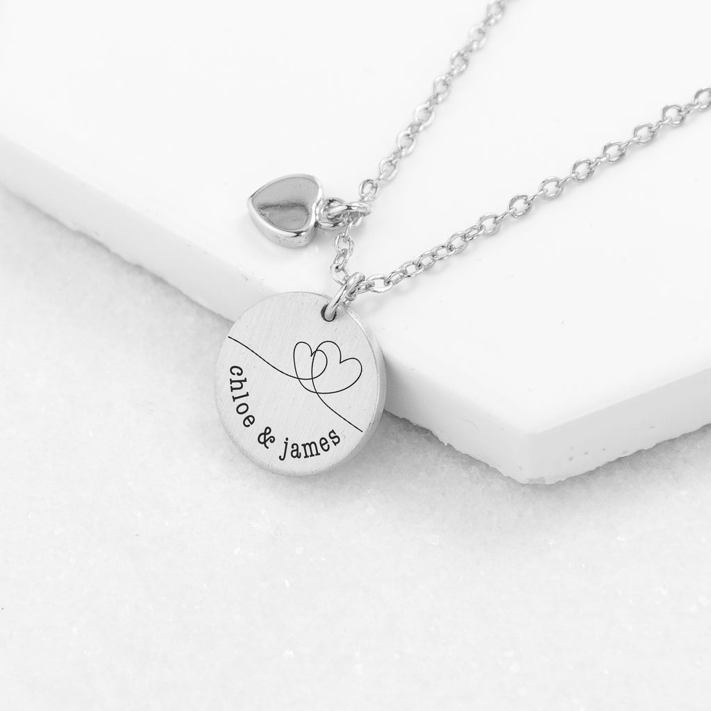 Personalised Dual Hearts Matte Heart and Disc Charms Necklace